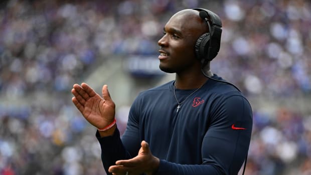 Texans head coach DeMeco Ryans looks on against the Baltimore Ravens during the first half at M&T Bank Stadium.